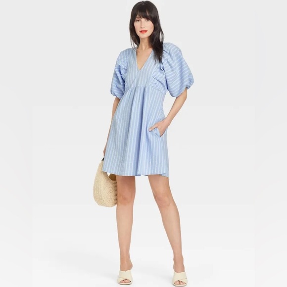 A New Day Puff Short Sleeve Dress - Blue Stripe, Size Medium - Picture 1 of 5